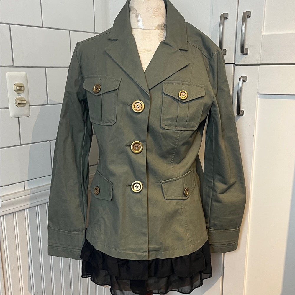 Kenzie Olive Green Women's Military Style Jacket with Black Ruffle Hem
